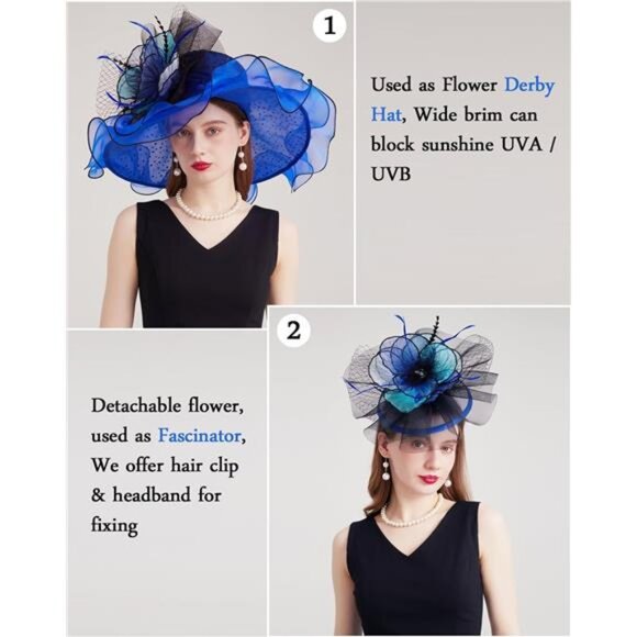 Women Organza Church Tea Party Hats Floral Blue main image 7